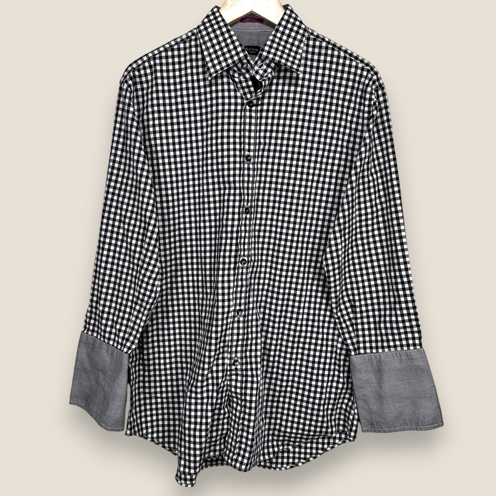 Paul Smith London French Cuff Dress Shirt Men 15.5 39 Black White Gingham Italy